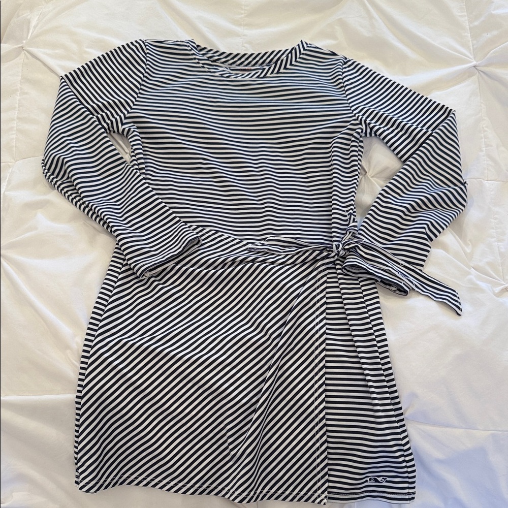 Vineyard Vines Striped Tie-Waist Long Sleeve Dress - Navy & White